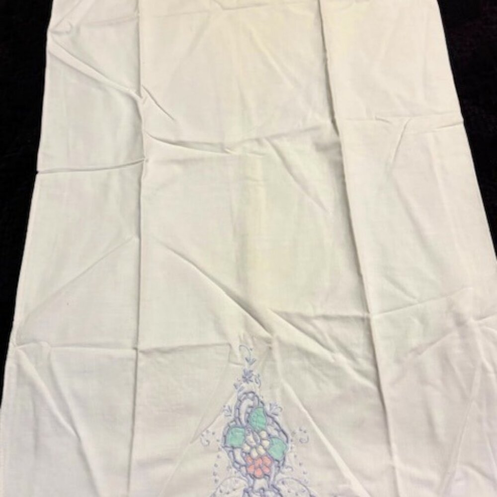 Vintage White Pillowcase with Pastel Embroidery